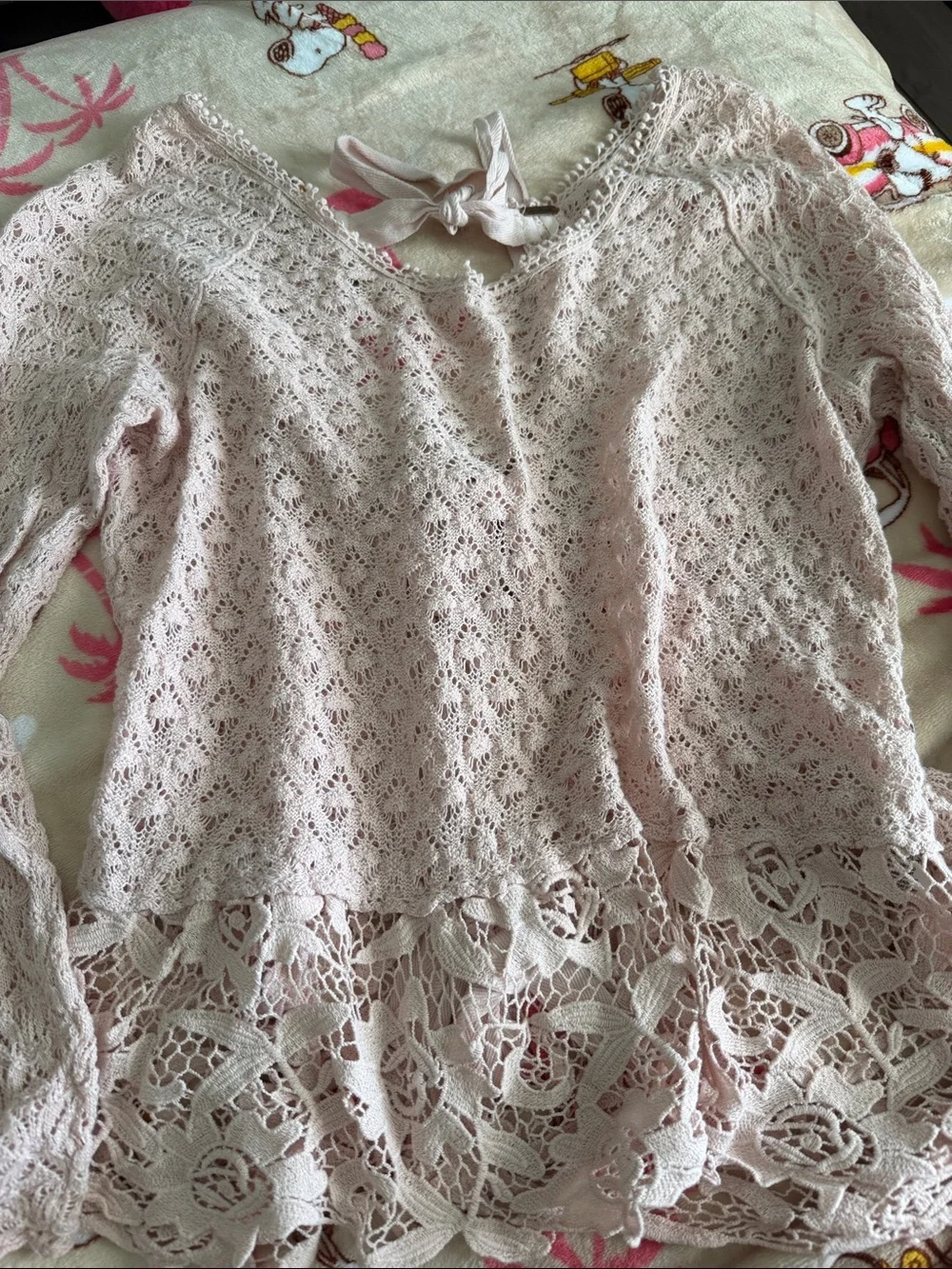 Free People Cottagecore Coquette Open Back Bow Lace Light Blush Pink Top Large